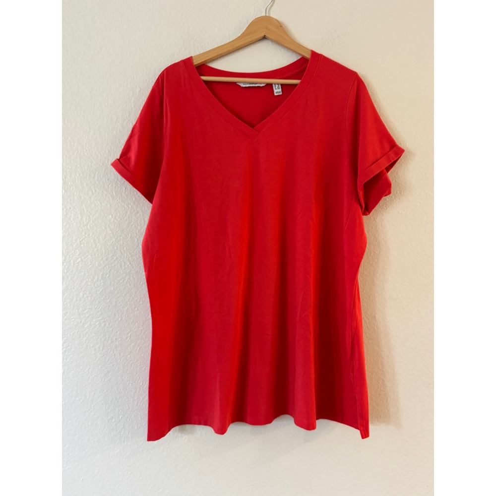 Isaac Mizrahi Live Top V-Neck Button Back Short Sleeve 1X Red Excellent